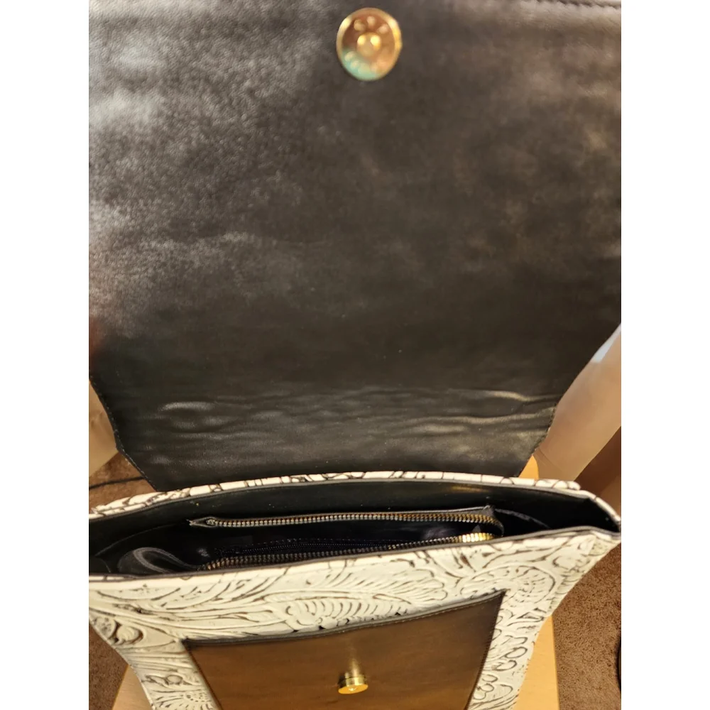 LEATHER White & Black BACKPACK Embossed Tooled Artisan Shoulder Bag Purse Hobo